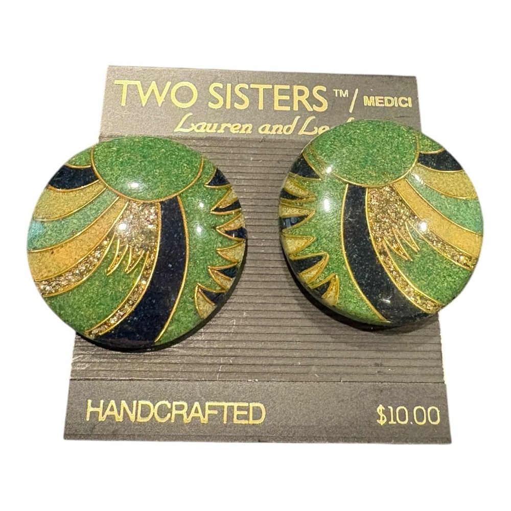 Two Sisters Medici Green Enamel Earrings Vintage 80s Handcrafted J18